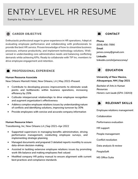 entry level hr resume sample resume  gallery riset