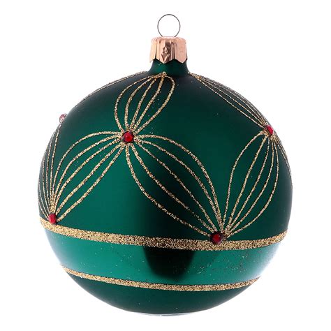 Green Blown Glass Christmas Balls With Gold Design 10 Cm 4 Online