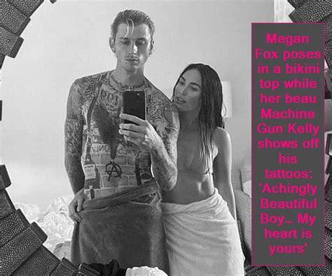 megan fox poses in a bikini top while her beau machine gun