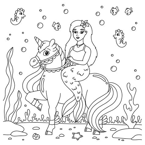 mermaid rides  unicorn coloring book page  kids cartoon style
