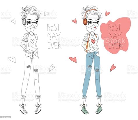 the best day fashion illustration set with cute shorthaired girl stock
