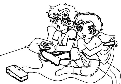 cartoon boys playing video games playing computer games coloring page