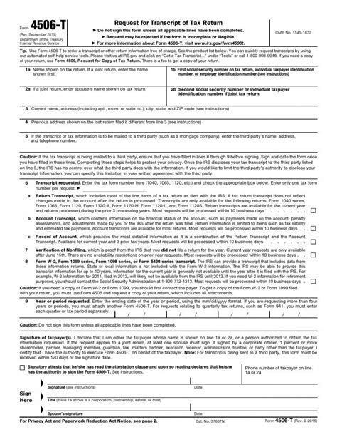Free Request For Transcript Of Tax Return 4506 T Pdf Template Form