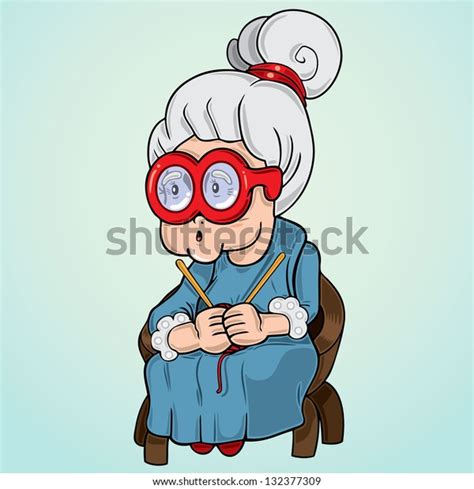 Vector Illustration Grandma Big Glasses Knitting 스톡 벡터 로열티 프리 132377309