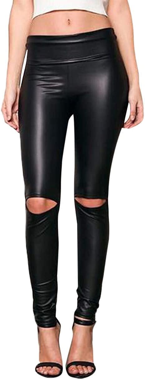 Women Leather Leggings Clearance Cut Ripped Hole Faux Leather Pants