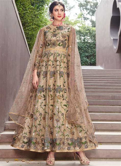 embroidered net gold designer gown indian pakistani stylish embroidered bridel indian work suit