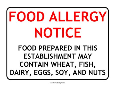 food allergy notice warning sign template  printable