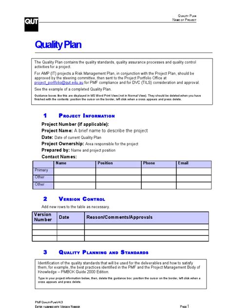 quality plan template  risk management computing