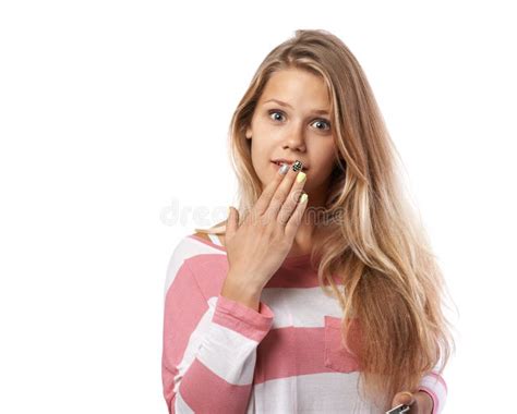 Girl In A Pink Shirt Covers Her Mouth Surprise Stock Image Image Of
