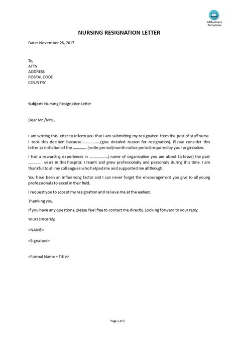 resignation letter  staff nurse sample resignation letter