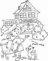 School Coloring Girl Outside sketch template