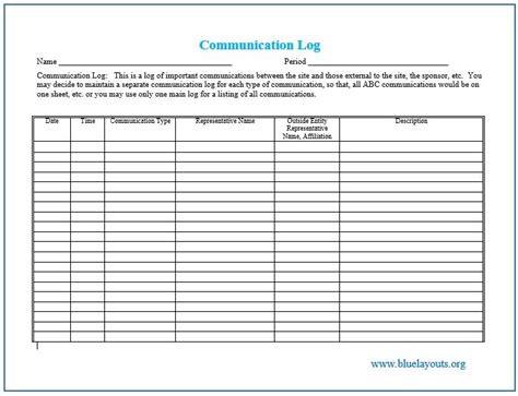 communication log templates blue layouts