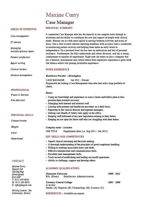 case manager resume template sample  job description cv