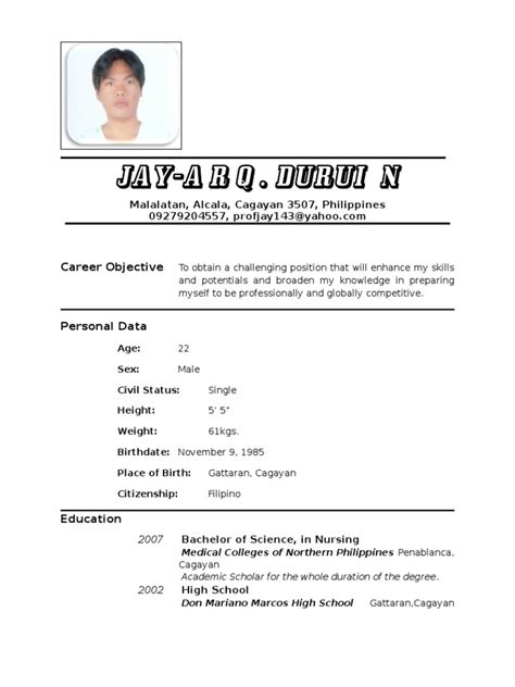 resume sample  tagalog resume seaman vitae mindanao seafarers sirb