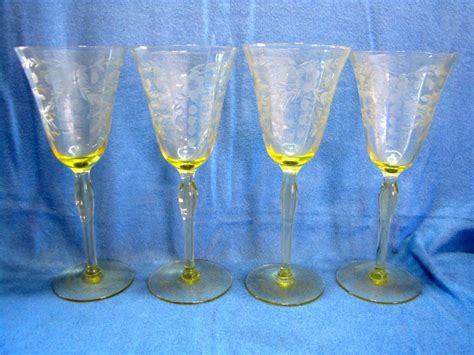 vintage lot 4 yellow etched depression wine glasses