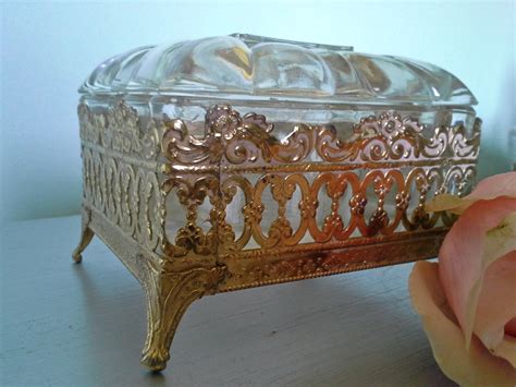 Vintage Gold Filigree Heavy Glass Trinket Box With Ornate Metal Holder