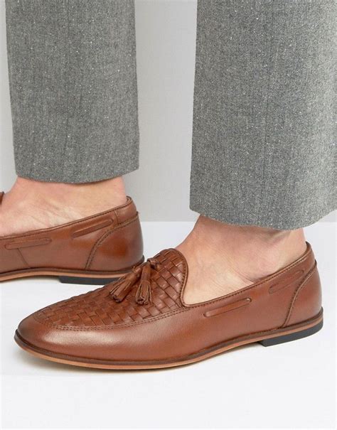 asos loafers  tan leather  woven detail  gambar