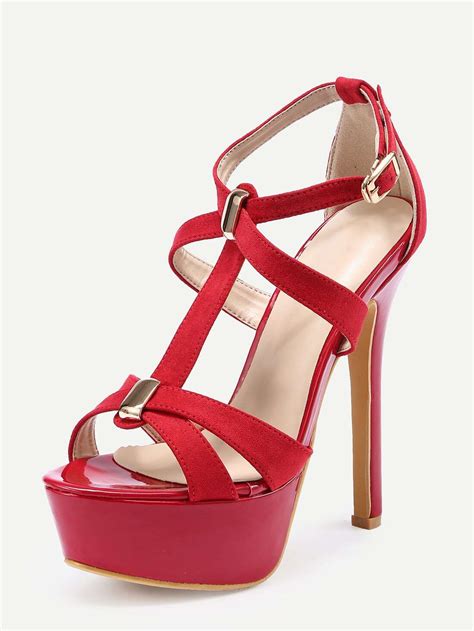 faux red suede strappy platform high heel sandals shein sheinside
