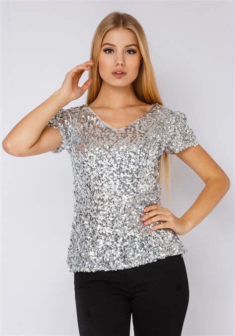 sequin t shirt in silver mt9224 silver patterned t shirts