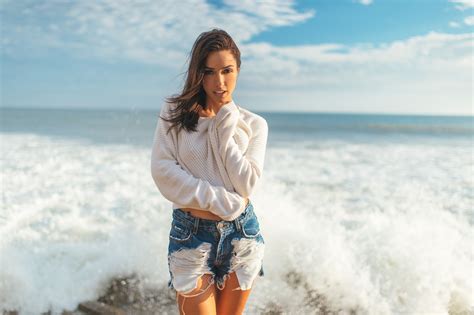 women brunette women outdoors beach jean shorts michele maturo wallpapers hd desktop and
