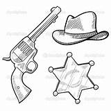 Sheriff West Wild Western Coloring Gun Cowboy Star Sketch Pages Objects Stock Hat Cowgirl Vector Doodle Drawing Badge Illustration Theme sketch template