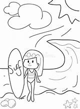 Coloring Beach Surfing Girl Drawn Hand Preview Kids Illustration sketch template