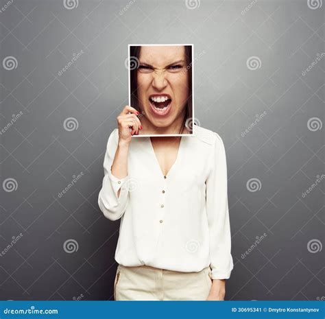 Woman Covering Image With Big Angry Face Stock Image Image Of Female