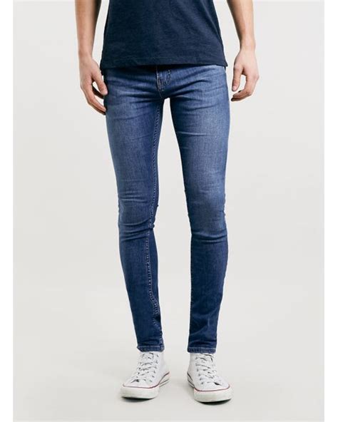 Topman Mid Wash Super Spray On Skinny Jeans In Blue For