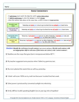 inappropriate shifts  verb tense practice worksheets ccss ld