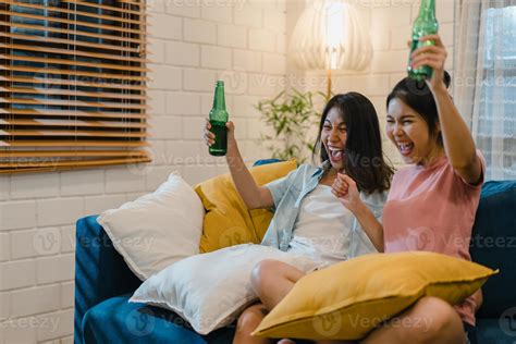 Lesbian Lgbt Women Couple Party At Home Asian Female Drinking Beer