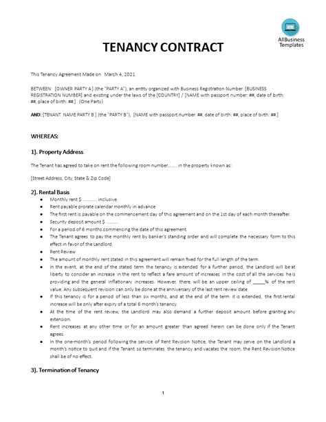tenancy agreement template templates  allbusinesstemplatescom