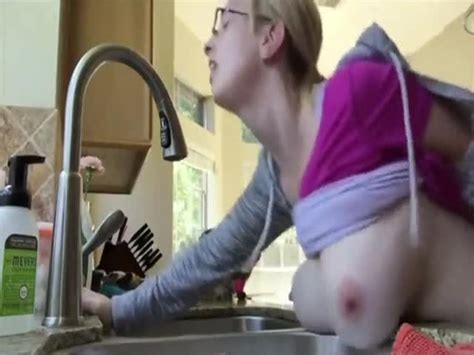 busty bitch fucked while doing dishes at