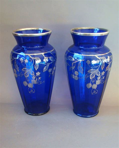 Pair Large Sterling Silver Overlay Cobalt Blue Glass Vases
