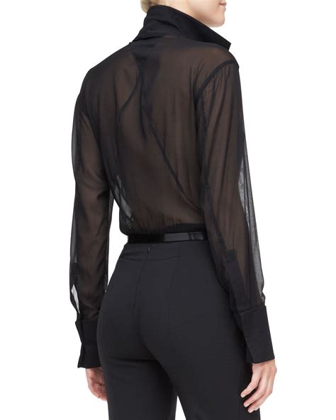 Lyst Donna Karan Sheer Long Sleeve Blouse With Collar In Black