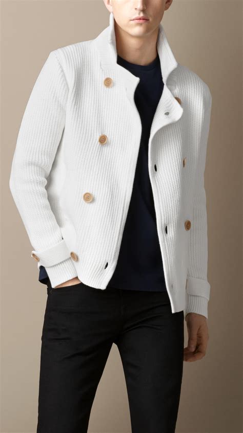 lyst burberry textured knit cotton pea coat  white  men