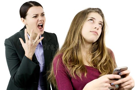 mother shouting and yelling at daughter chatting with