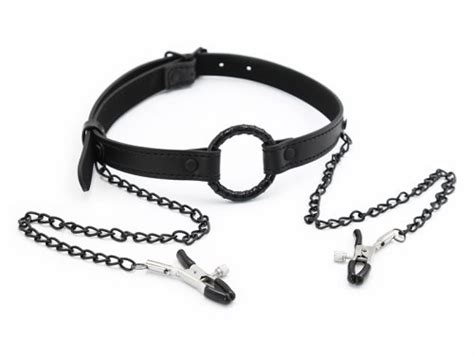 Black Leather Sex Open Mouth Gag Nipple Clamps With Chain