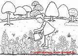 Garden Coloring Pages Nature Girl Plants Watering Spring Season sketch template