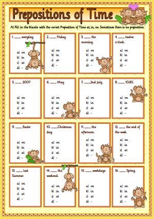 prepositions  time multiple choice activity