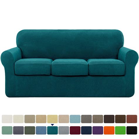 subrtex textured grid stretch sofa cover couch slipcover  separate cushion cover turquoise