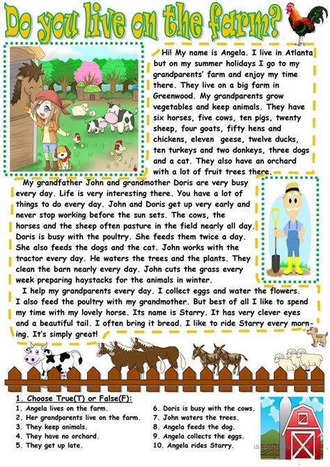do you live on the farm reading comprehension lessons esl reading