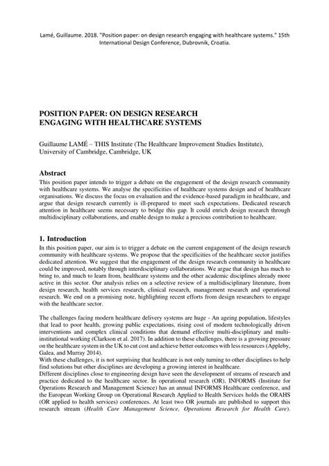 position paper  design research engaging  healthcare systems