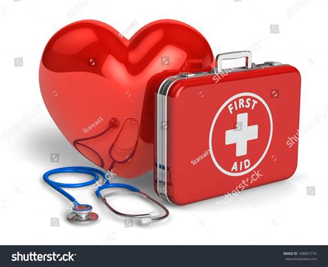 medical assistance and cardiology concept red heart case with first aid kit and stethoscope