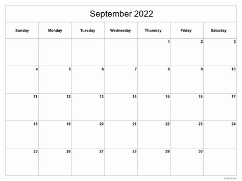 blank calendar september  printable customize  print