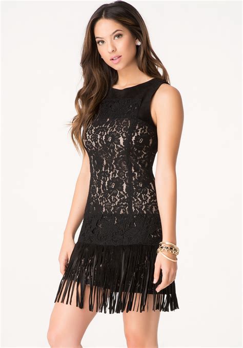 bebe lace and suede fringe dress in black lyst
