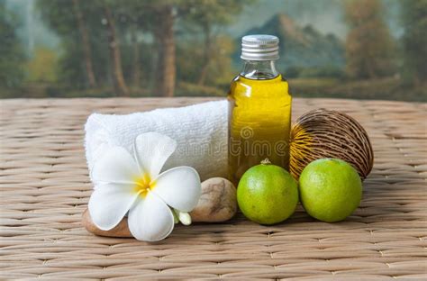 spa treatment  olive oil  lime  towels stock photo image