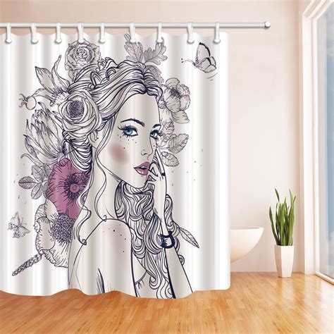 stroke sex girl full wiith flowers and butterfly shower curtain bath