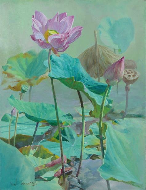 Signed Realist Painting Of Lotus Flowers From Thailand Lotus And The