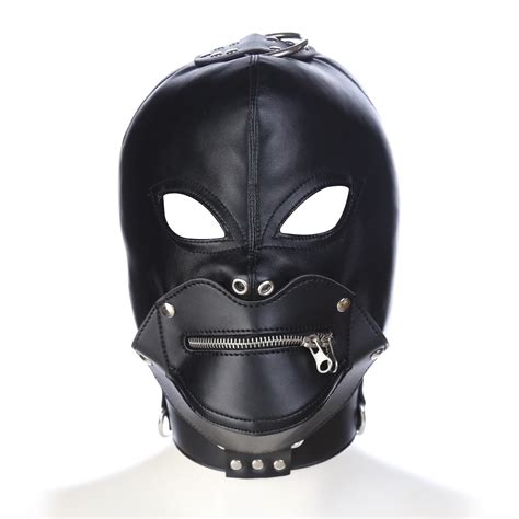 leather costume sex mask hood black zipper sealed full face nose holes