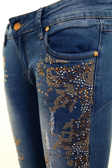 Women Rhinestone Ripped Hipster High Waist Faded Skinny Denim Jeans Ebay